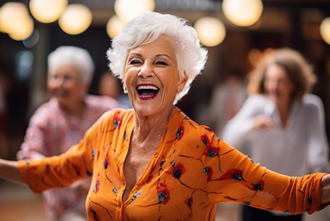 A senior woman enthusiastically participating in a lively dance class, surrounded by other energetic dancers, elderly happy people, old age, bokeh Generative AI