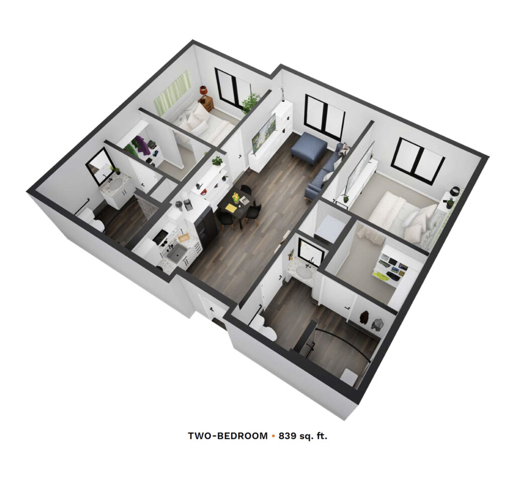 Rendering of a two-bedroom apartment with 839 square feet.